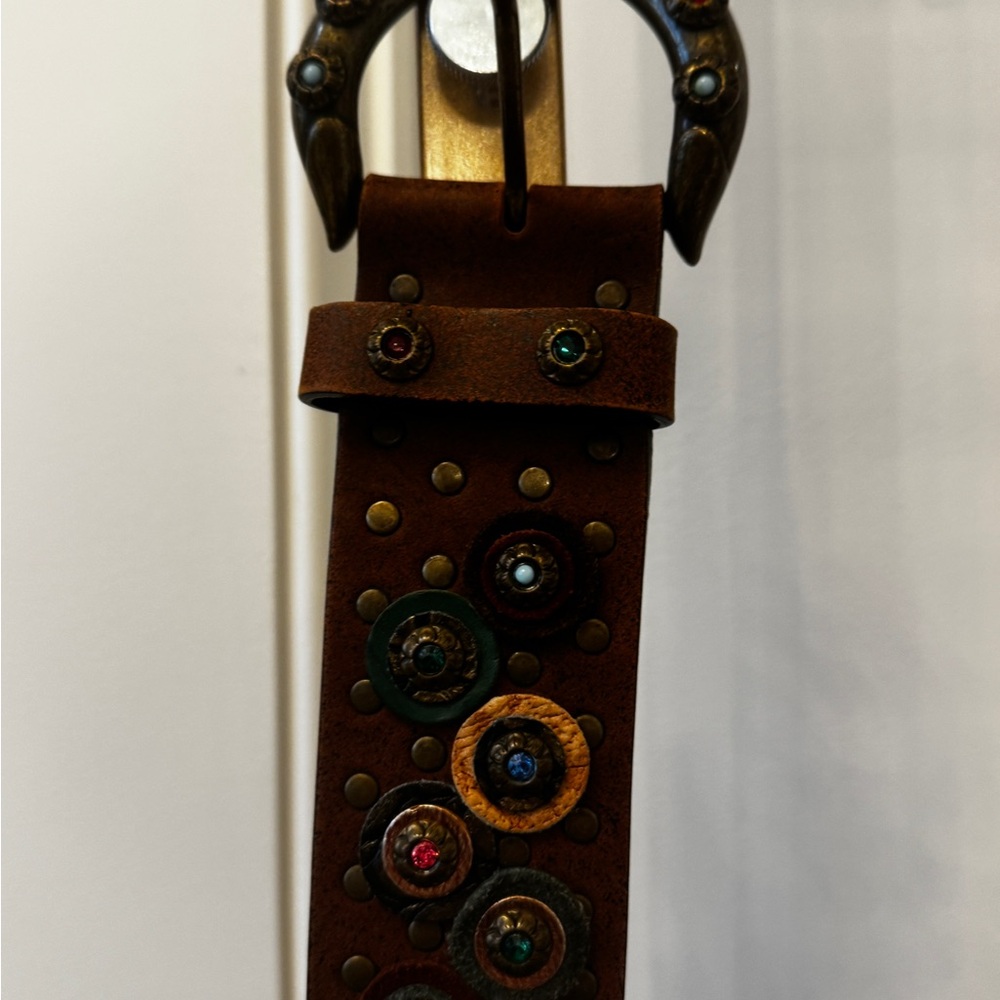Nw Vintage Nanni Italy Studded Concho Leather Belt Jeweled Buckle Boho Western - Picture 10 of 10